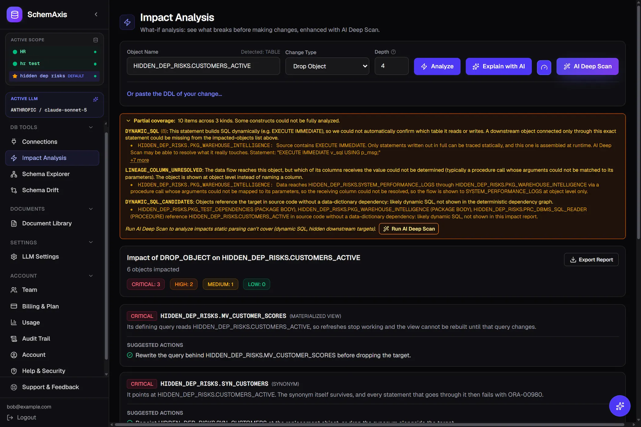 Impact analysis result for dropping an object, listing every dependent object the engine found, each row tagged with a severity from critical to low and a plain-language reason, above a panel naming the statements the parse could not resolve.